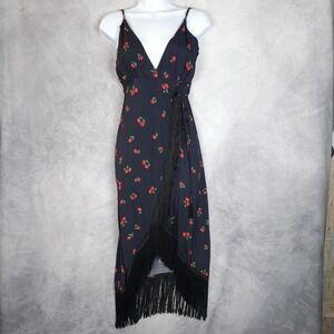 Farm Rio Dress Womens XS Black Cherry Print Wrap Fringe Hem Midi Sundress